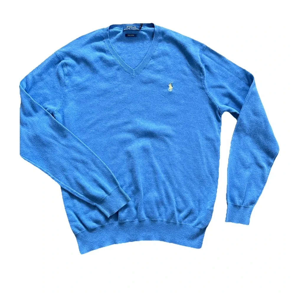 Polo Ralph Lauren Sweater Men Medium Blue V Neck Pima Cotton Lightweight